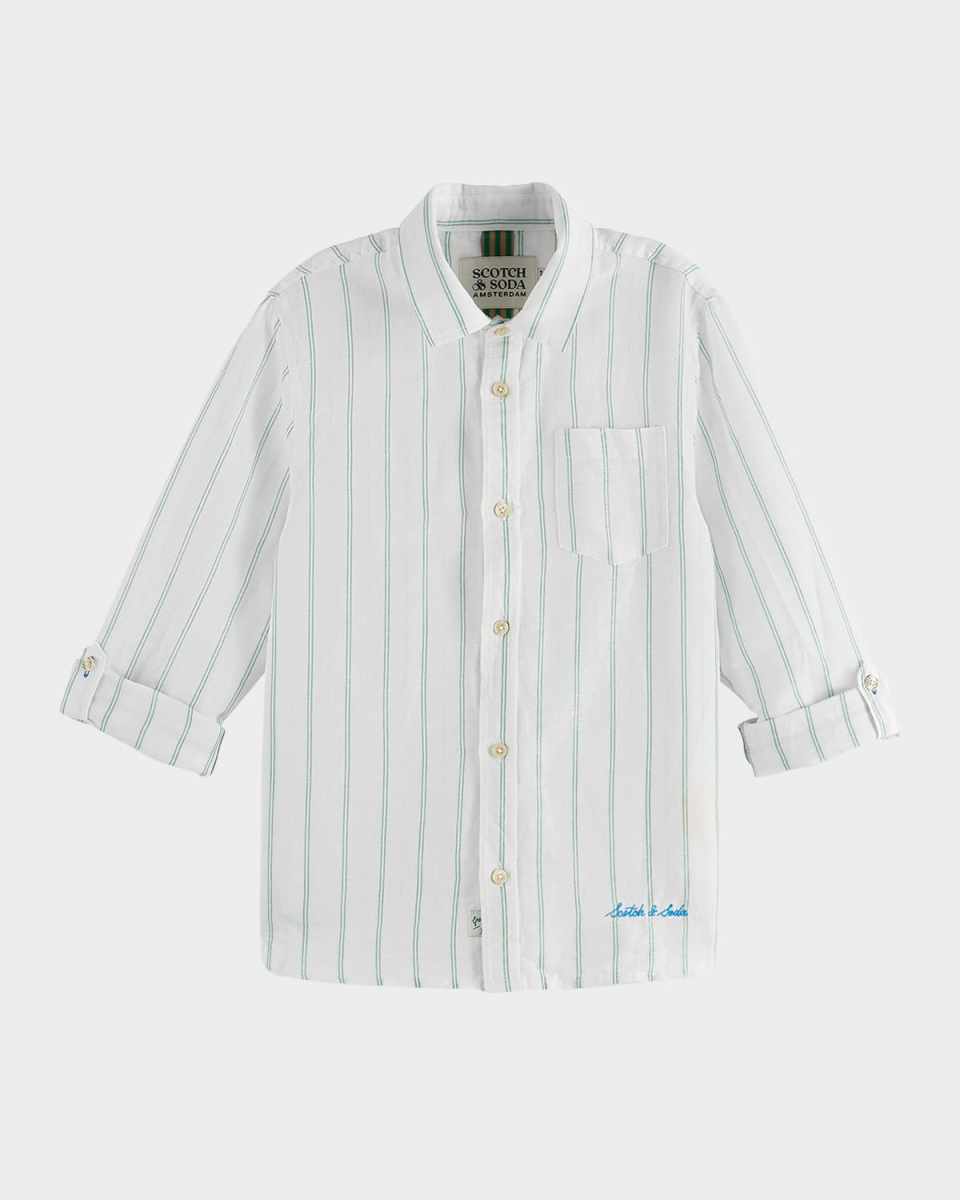 Boy's Yarn-Dyed Cotton Linen Button-Front Shirt, Size 4-12